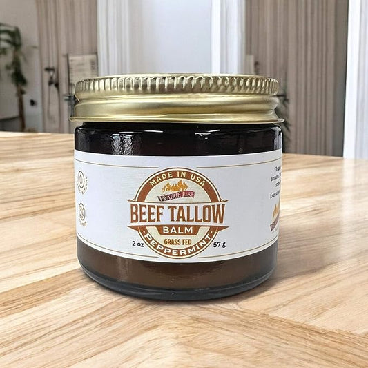 Beef Tallow Balm - 2 oz - Grown and Made in USA - Organic Grass Fed and Finished Tallow - Moisturizing Skin Care Peppermint