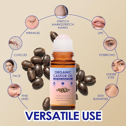 Organic Castor Oil with Rose Quartz Roller, 100% Pure Cold-Pressed & Unrefined - For Hair Growth, Eyelashes, Eyebrows & Skin (1)