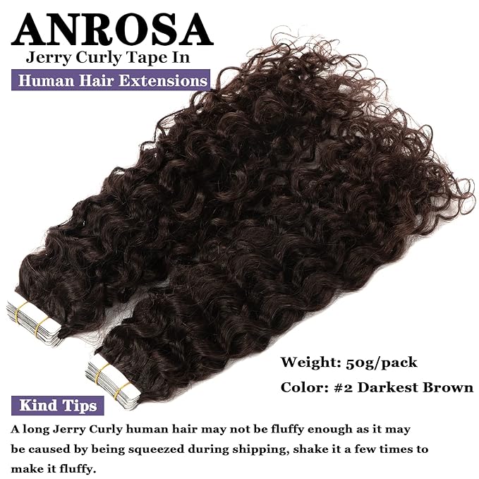 Anrosa Human Hair Tape-in Extensions - Darkest Brown Jerry Curly 3B 3C Kinky Curly for Black Women - 18 Inch, 50g, 20pcs