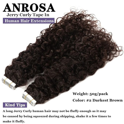 Anrosa Human Hair Tape-in Extensions - Darkest Brown Jerry Curly 3B 3C Kinky Curly for Black Women - 18 Inch, 50g, 20pcs