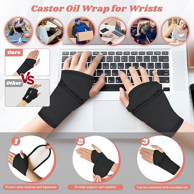 12 Pcs Castor Oil Pack Wrap-Black, Castor Oil Pack Organic Cotton for Knees Shoulder Hands Neck Waist Chest and Feet, Adjustable Compress Pads for Entire Body