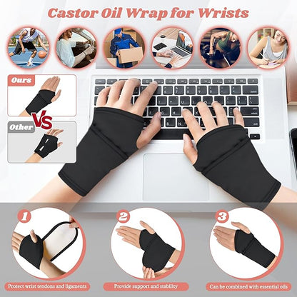 12 Pcs Castor Oil Pack Wrap-Black, Castor Oil Pack Organic Cotton for Knees Shoulder Hands Neck Waist Chest and Feet, Adjustable Compress Pads for Entire Body