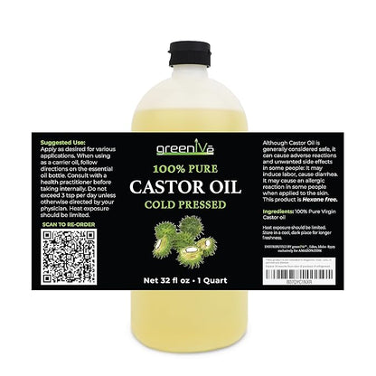 GreenIVe Castor Oil Organically Grown 100% Pure 32oz Bottle Cold Pressed, Hexane Free, Eyelash and Eyebrow Growth Serum, Skin Moisturizer Detox and Wraps