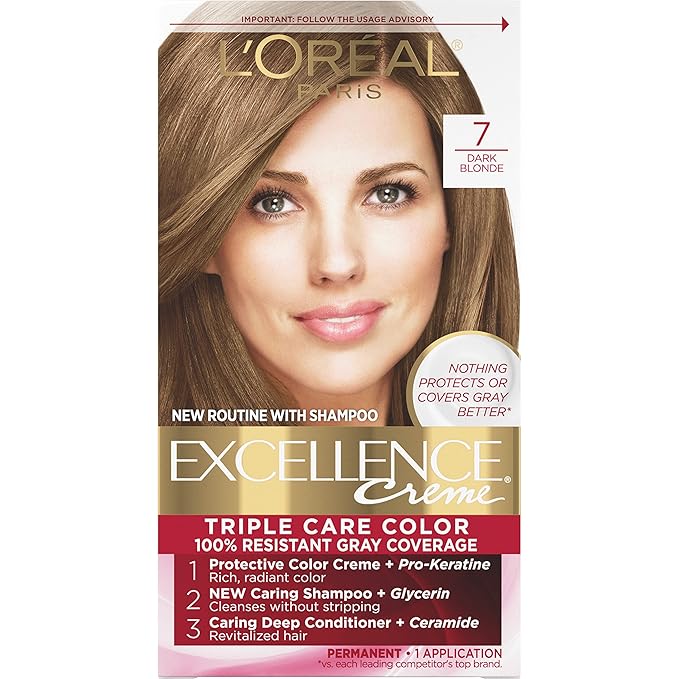 L'Oreal Paris Excellence Creme Permanent Triple Care Hair Color, 7 Dark Blonde, Gray Coverage For Up to 8 Weeks, All Hair Types, Pack of 1