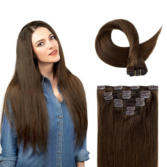 Clip in Hair Extensions Real Human Hair, 100% Remy Chocolate Brown Hair Extensions for Long Hair, Tangle-free&Shedding-free, #4 24Inch 120G 7PCS