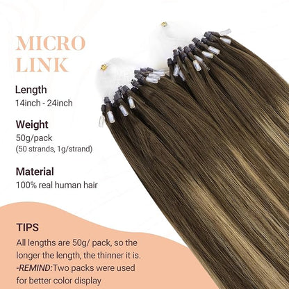MAXITA Microlink Hair Extensions Human Hair Balayage Dark Brown Mixed Chestnut Brown Micro Bead Hair Extensions Virgin Human Hair, 50g/50 Strands/Pack, 20 In