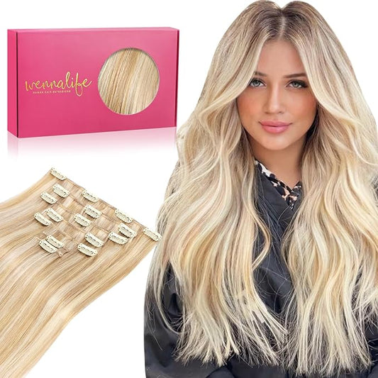 WENNALIFE Clip in Hair Extensions Human Hair 14 Inch 120g 7pcs Dirty Blonde Highlighted Bleach Blonde Hair Extensions Clip in for Women Real Human Hair Rallonge Cheveux Humain Real Hair Extensions