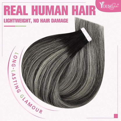 YoungSee Tape in Human Hair Extensions Ombre Tape Extensions Human Hair Off Black Ombre Sliver Balayage Tape in Hair Extensions Lightweight 22 Inch 50g 20pcs Straight Hair Extensions Tape Invisible