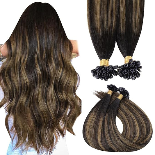 MAXITA U Tip Hair Extensions Human Hair, Balayage Dark Brown Mixed Chestnut Brown Virgin Human Hair Extensions Real Human Hair, 50g/50 Strands/Pack, 22 In