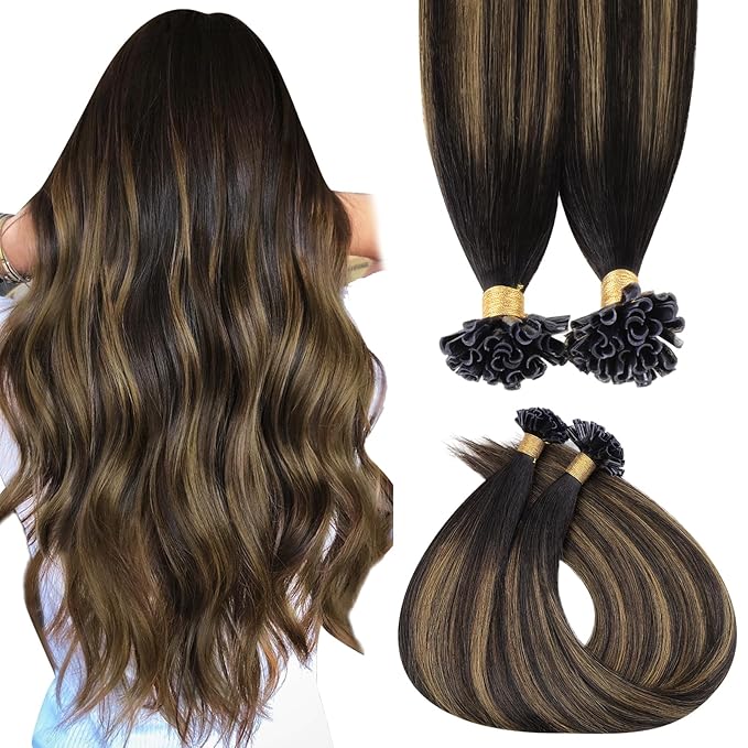 MAXITA U Tip Hair Extensions Human Hair, Balayage Dark Brown Mixed Chestnut Brown Virgin Human Hair Extensions Real Human Hair, 50g/50 Strands/Pack, 16 In
