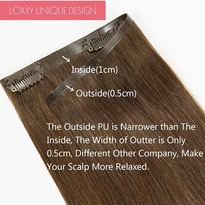 Loxxy Seamless Clip in Hair Extensions Remy Human Hair Chocolate Brown Inviisble PU Hair Extensions Clip in Human Hair Double Weft Silky Straight Thich End #4 7 Pieces 110g 14inch