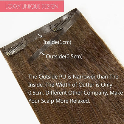 Loxxy Seamless Clip in Hair Extensions Remy Human Hair Chocolate Brown Inviisble PU Hair Extensions Clip in Human Hair Double Weft Silky Straight Thich End #4 7 Pieces 110g 14inch