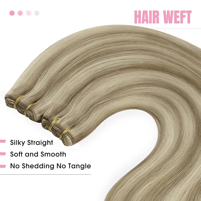 YoungSee Weft Human Hair Extensions Blonde Highlight Sew in Hair Extensions Human Hair Light Brown with Blonde Highlight Sew in Weft Hair Extensions Human Hair Can Be Ironed and Dyed 22Inch 100G