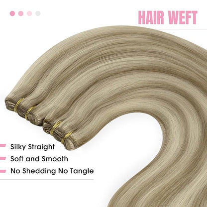 YoungSee Weft Human Hair Extensions Blonde Highlight Sew in Hair Extensions Human Hair Light Brown with Blonde Highlight Sew in Weft Hair Extensions Human Hair Can Be Ironed and Dyed 22Inch 100G