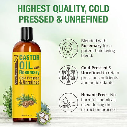 Seven Minerals Cold Pressed Castor Oil with Rosemary - 16 fl oz Bottle - Unrefined & Hexane Free - Hair Growth, Thicker Eyelashes & Eyebrows, Dry Skin Care, Joint and Muscle Pain (Pack of 1)