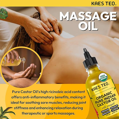 Organic Castor Oil 100% Pure Cold Pressed 2 Fl Oz Extra Virgin Unrefined Hexane Free - USDA Certified Organic, Golden Castor oil for Face, Skin, Hair, Eyebrows - Boost Hair Growth