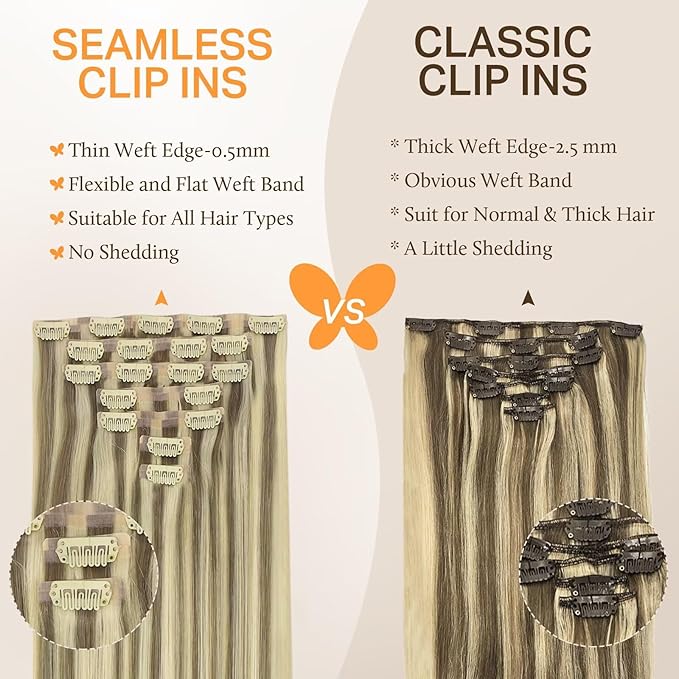 DOORES Seamless Human Hair Clip in Extensions, Light Brown Highlighted Medium Blonde 20 Inch 150g 7pcs, Virgin Silky Straight Thick Hair Extensions