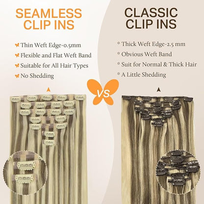 DOORES Seamless Human Hair Clip in Extensions, Light Brown Highlighted Medium Blonde 20 Inch 150g 7pcs, Virgin Silky Straight Thick Hair Extensions