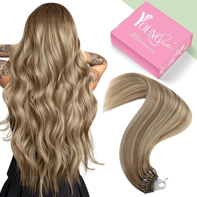 YoungSee Micro Link Hair Extensions Human Hair Ombre Microloop Hair Extensions Human Hair Balayage Light Brown with Blonde Bead Hair Extensions Real Human Hair for Long Hair 24 Inch 50s 50g