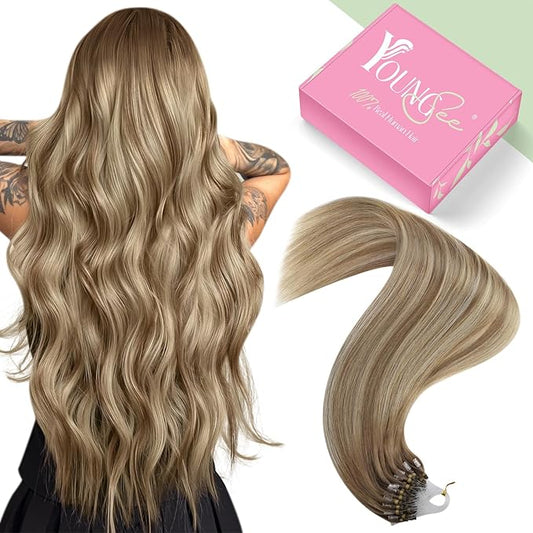 YoungSee Microbead Hair Extensions Ombre Bead Hair Extensions Real Human Hair Balayage Light Brown with Blonde Micro Hair Extensions Human Hair Silky Straight for Young Adults 22 Inch 50s 50g