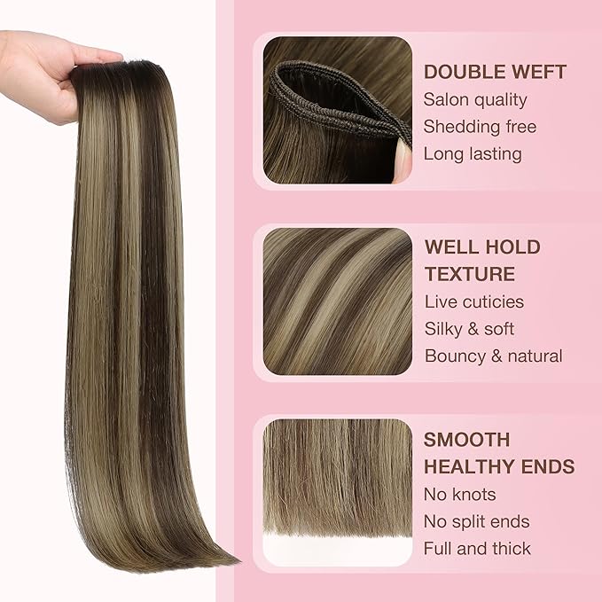 GOO GOO Sew in Hair Extensions Real Human Hair, Weft Hair Extensions Human Hair, 4/26/4 Balayage Chocolate Brown to Honey Blonde 22inch 110g, Weft Bundles Straight Silky Remy Hair