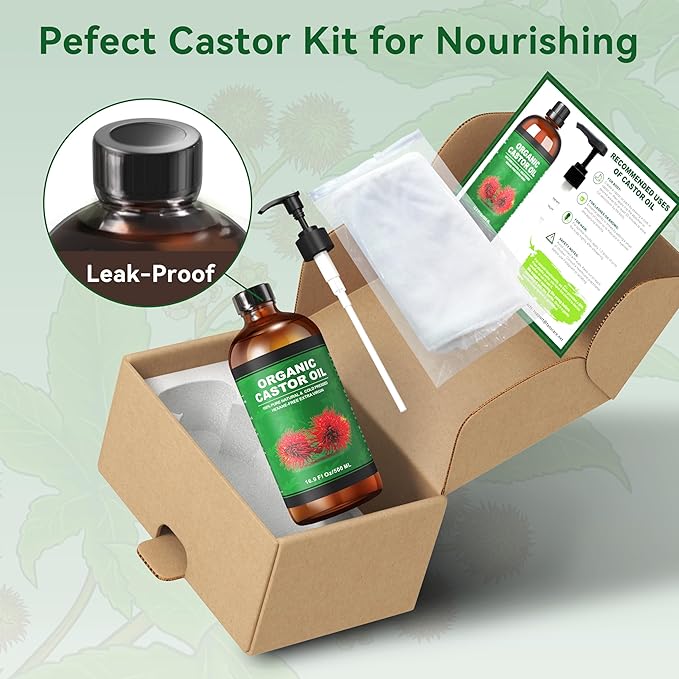 16.9 oz Castor Oil Organic Cold Pressed Unrefined Glass Bottle | 4 Pcs Castor Oil Pack Wrap Organic Cotton Reusable, Caster Oils Kit for Face, Hair, Eyelashes, Waist, Knee, Body