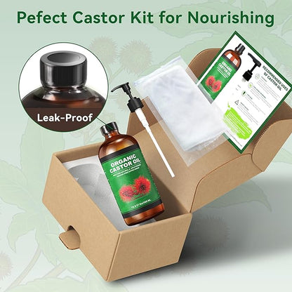 16.9 oz Castor Oil Organic Cold Pressed Unrefined Glass Bottle | 4 Pcs Castor Oil Pack Wrap Organic Cotton Reusable, Caster Oils Kit for Face, Hair, Eyelashes, Waist, Knee, Body