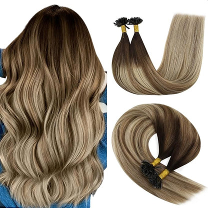 YoungSee Utip Hair Extensions Balayage Keratin Hair Extensions Human Hair U Tip Brown Ombre Blonde with Brown U Tips Natural Human Hair Balayage 20In Hot Fusion Hair Extensions for Wedding 50s/50g