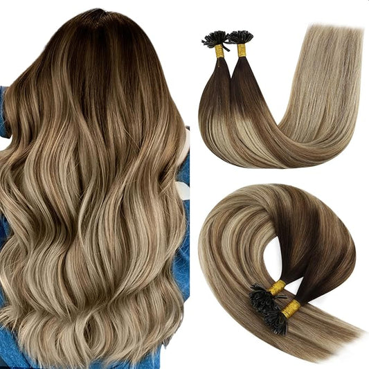 YoungSee Utip Hair Extensions Balayage Keratin Hair Extensions Human Hair U Tip Brown Ombre Blonde with Brown U Tips Natural Human Hair Balayage 20In Hot Fusion Hair Extensions for Wedding 50s/50g