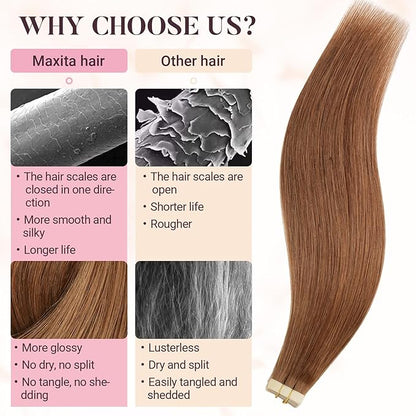 MAXITA Human Hair Tape in Extensions, Invisible Tape in Hair Extensions Human Hair Straight Remy Hair, Olive Auburn 14 Inch 50g 20pcs Hair Extensions Real Human Hair