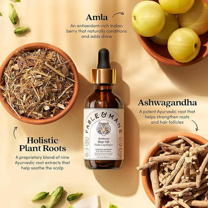 Fable and Mane Hair Oil - HoliRoots Strengthening Serum for Damaged, Frizzy Hair with Amla, Castor Oil for Hair Health - 3.4FL oz