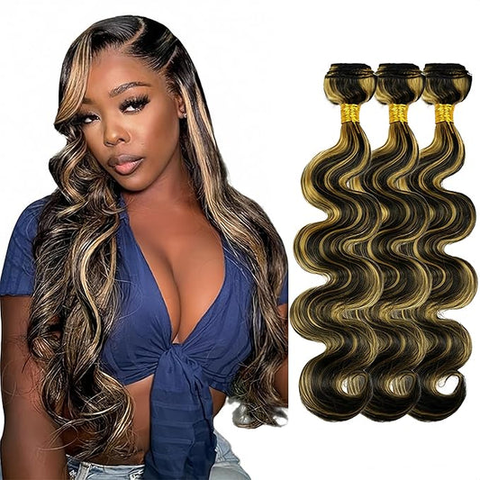 P1b/27 Human Hair Bundles Blonde Body Wave Bundles 12 14 16 Inch Niegmeag Double Weft 2 Tone Black and Honey Blonde Bundle Hair Weave