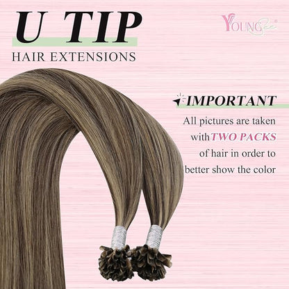 YoungSee Highlight U Tip Hair Extensions Human Hair Brown with Blonde U Tips Human Hair Extensions Brown Utip Real Hair Extensions Brown Hot Fusion Extensions Highlight K Tip Extensions 22In 1G/S 50G