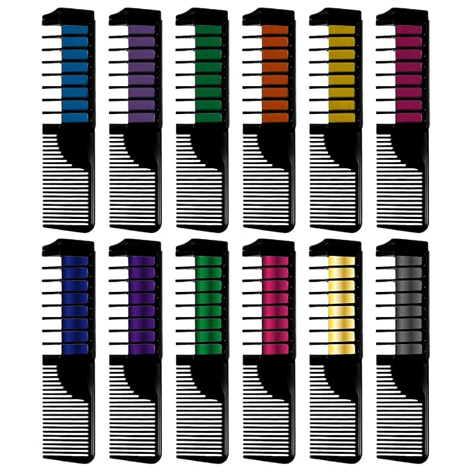 12 Hair chalks comb, 12 NEON & METALLIC hair chalk, Non-Toxic Easy Washable Hair Dye Colourful, METALLIC & NEON hair chalk -Perfect for Festivals, Halloween, Party, hair chalks for girls