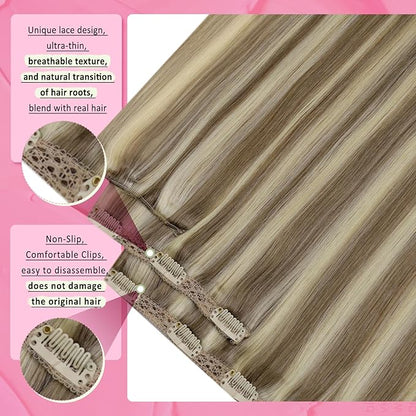 YoungSee Clip in Extensions Highlight Clip on Hair Extensions Human Hair Brown with Blonde Highlights Soft Clip in Hair Extensions Real Human Hair Save Styling Time 16Inch 7Pcs 120G