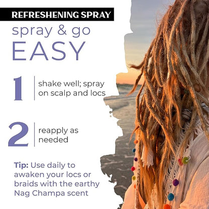 Dollylocks Refreshening Spray – Residue-Free Dreadlock Spray & Loc Moisturizer, Plant Based Deodorizer & Conditioner for Dreads, Vegan & pH-Balanced (Nag Champa Scent, 8oz)