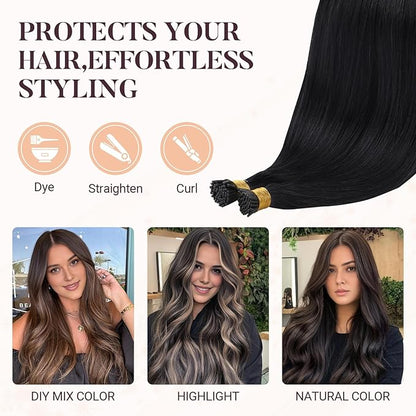 MAXITA I Tip Hair Extensions Human Hair,Jet Black 100g/50s 22 Inch, Comfortable Wear, 100% Remy Human Hair, Real Human Itip Keratin Hair Extensions