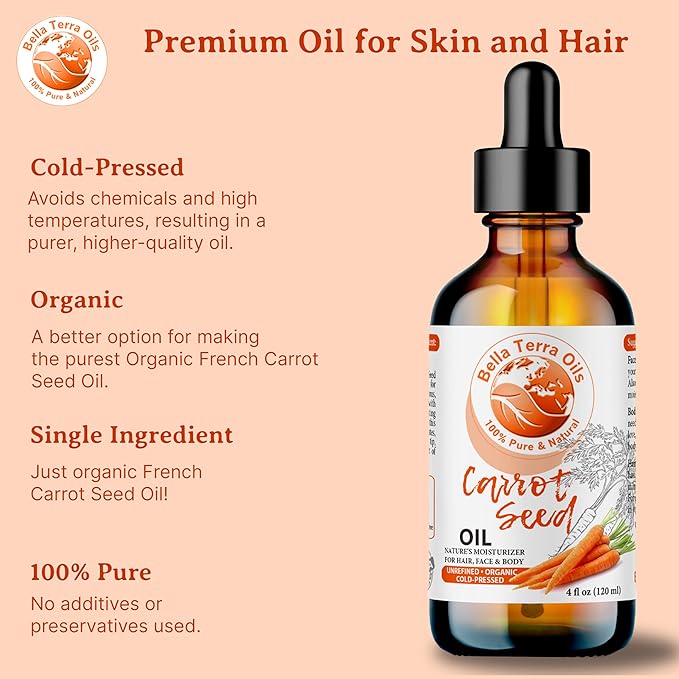 Bella Terra Oils - Organic Carrot Seed Oil 8 oz - Unveiling Organic Carrot's Enzymes & Nutritional Benefits, A Cold-Pressed Delight for a Natural Skin Glow