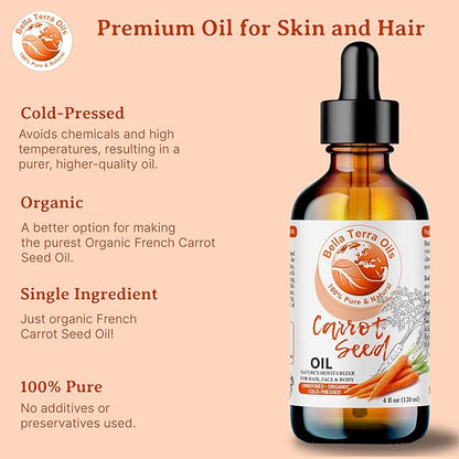 Bella Terra Oils - Organic Carrot Seed Oil 8 oz - Unveiling Organic Carrot's Enzymes & Nutritional Benefits, A Cold-Pressed Delight for a Natural Skin Glow