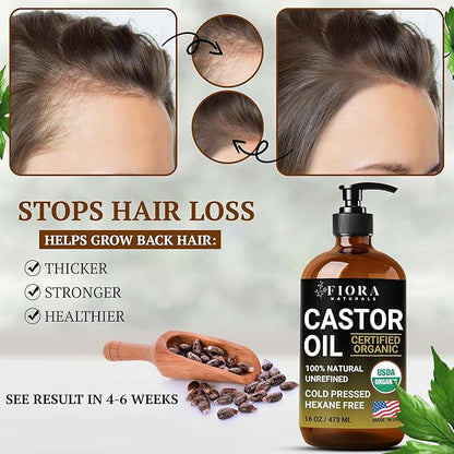 Castor Oil Organic Cold Pressed Unrefined Glass Bottle | For Hair Growth, Skin, in Pack Wraps, Eyelashes & Brows | USDA Certified, 100% Pure Organic Castor Oil | Hexane Free | 16oz, 1oz