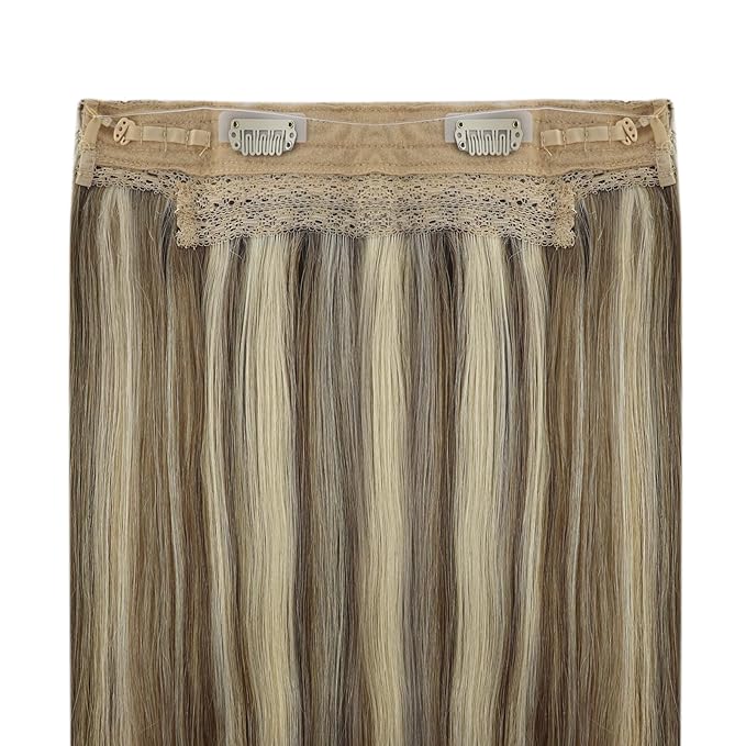 YoungSee Wire Hair Extensions Blonde 14 Inch Invisible Wire Hair Extensions Platinum Blonde with Light Brown 80 Gram Wire Hair Extensiosn Real Human Hair Remy Headband Extensions Human Hair