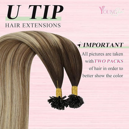 YoungSee Utip Hair Extensions Balayage Keratin Hair Extensions Human Hair U Tip Brown Ombre Blonde with Brown U Tips Natural Human Hair Balayage 20In Hot Fusion Hair Extensions for Wedding 50s/50g