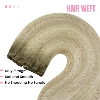 YoungSee Weft Extensions Ombre Blonde Weft Soft and Silky Sew in Hair Extensions Ash & Sunkissed Blonde Offer Most Natural Look 20Inch 100G