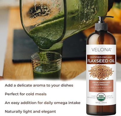 velona USDA Certified Organic Flaxseed Oil - 64 Fl Oz | 100% Pure and Natural Carrier Oil | Unrefined, Cold Pressed |Body, Face & Skin Care | Use Today - Enjoy Results…