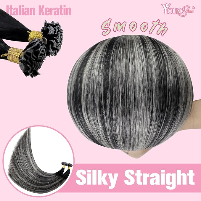 YoungSee K Tip Human Hair Extensions Ombre U Tip Extensions Human Hair Straight Ktip Real Hair Extensions Natural Black Roots to Silver Grey Balayage Hair Extensions K Tip 50g 22inch 50s