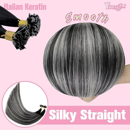 YoungSee K Tip Human Hair Extensions Ombre U Tip Extensions Human Hair Straight Ktip Real Hair Extensions Natural Black Roots to Silver Grey Balayage Hair Extensions K Tip 50g 22inch 50s