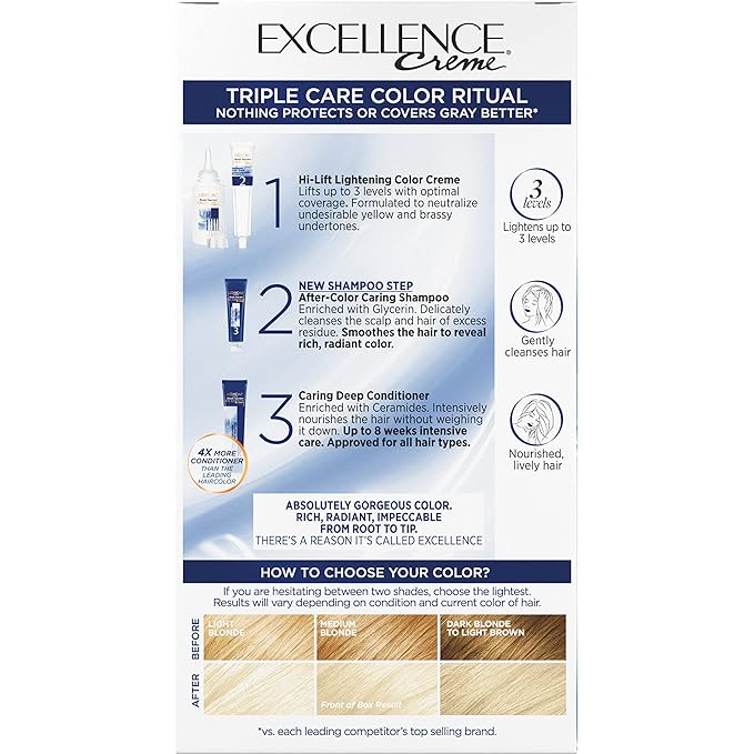 L'Oreal Paris Excellence Creme Permanent Triple Care Hair Color, 01 Extra Light Ash Blonde, Gray Coverage For Up to 8 Weeks, All Hair Types, Pack of 1