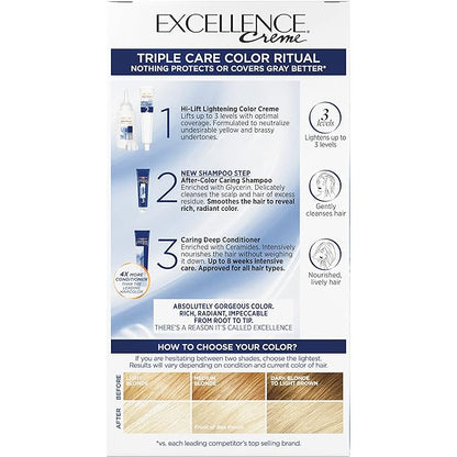 L'Oreal Paris Excellence Creme Permanent Triple Care Hair Color, 01 Extra Light Ash Blonde, Gray Coverage For Up to 8 Weeks, All Hair Types, Pack of 1