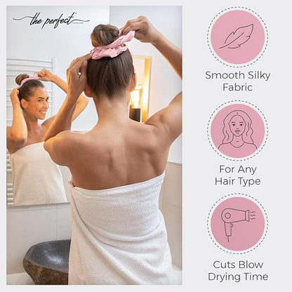 THE PERFECT HAIRCARE Microfiber Hair Towel Wrap + 2 Smooth Large Hair Drying Tie for Wet Hair - Anti-Frizz, Gentle, Super Absorbent Hair Scrunchies for Women - Also Use as a Face Washing Wristband