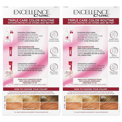 L'Oreal Paris Excellence Creme Permanent Hair Color, 8RB Medium Reddish Blonde, 100 percent Gray Coverage Hair Dye, Pack of 2